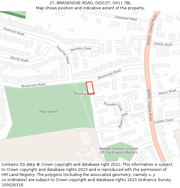 27, BRASENOSE ROAD, DIDCOT, OX11 7BL: Location map and indicative extent of plot