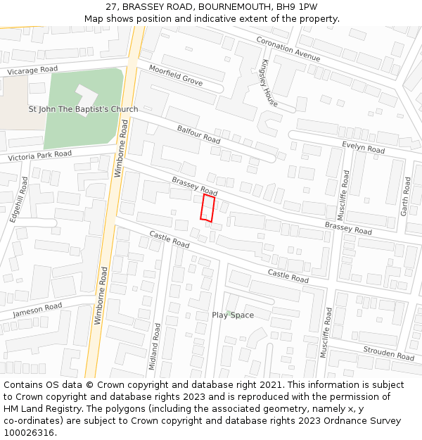 27, BRASSEY ROAD, BOURNEMOUTH, BH9 1PW: Location map and indicative extent of plot