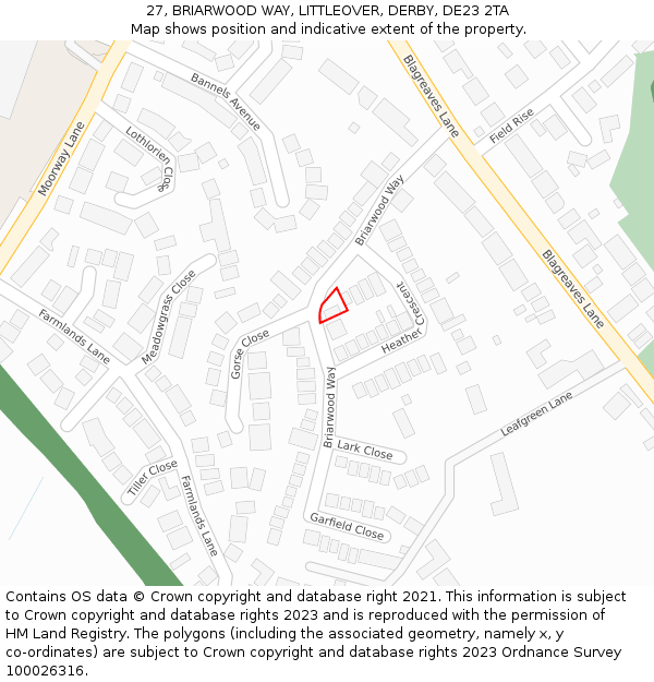 27, BRIARWOOD WAY, LITTLEOVER, DERBY, DE23 2TA: Location map and indicative extent of plot