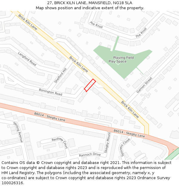 27, BRICK KILN LANE, MANSFIELD, NG18 5LA: Location map and indicative extent of plot