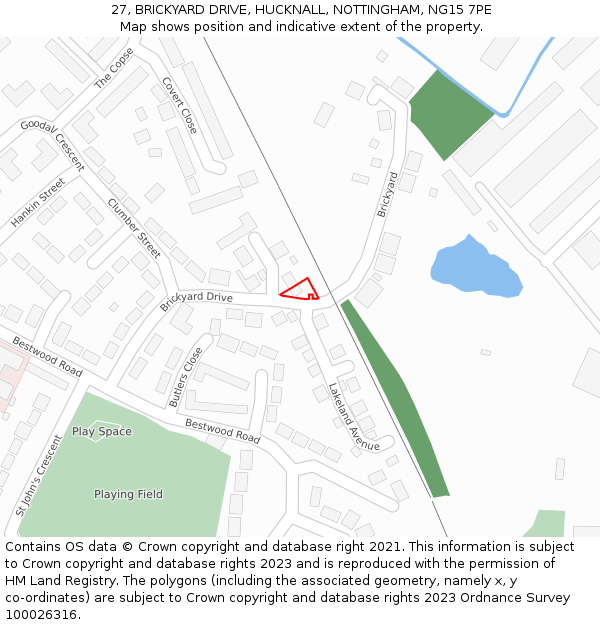 27, BRICKYARD DRIVE, HUCKNALL, NOTTINGHAM, NG15 7PE: Location map and indicative extent of plot