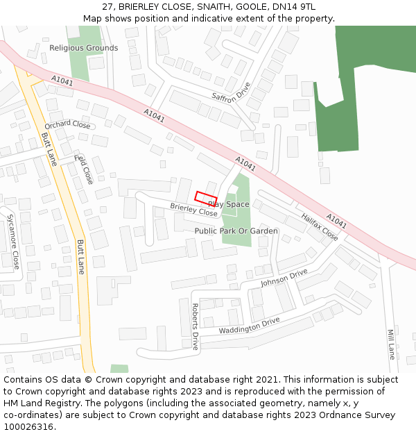 27, BRIERLEY CLOSE, SNAITH, GOOLE, DN14 9TL: Location map and indicative extent of plot