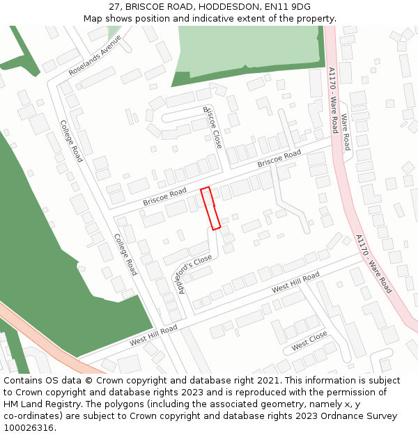 27, BRISCOE ROAD, HODDESDON, EN11 9DG: Location map and indicative extent of plot