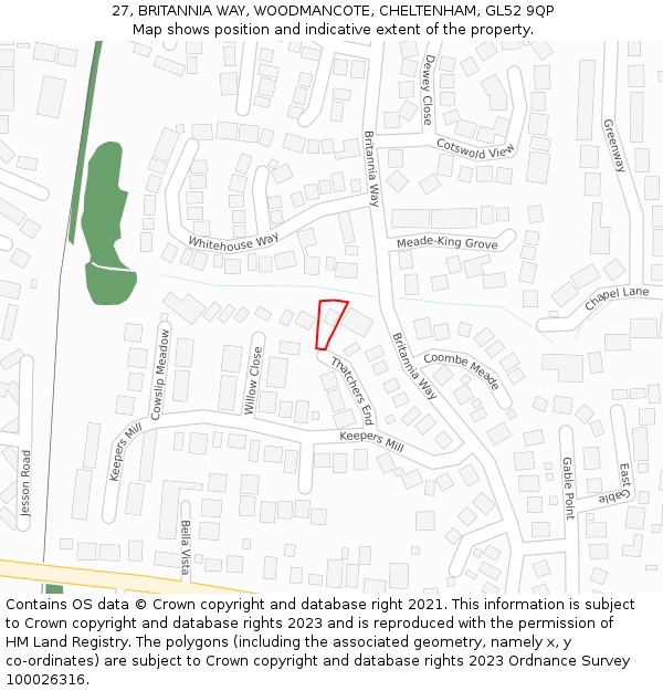 27, BRITANNIA WAY, WOODMANCOTE, CHELTENHAM, GL52 9QP: Location map and indicative extent of plot