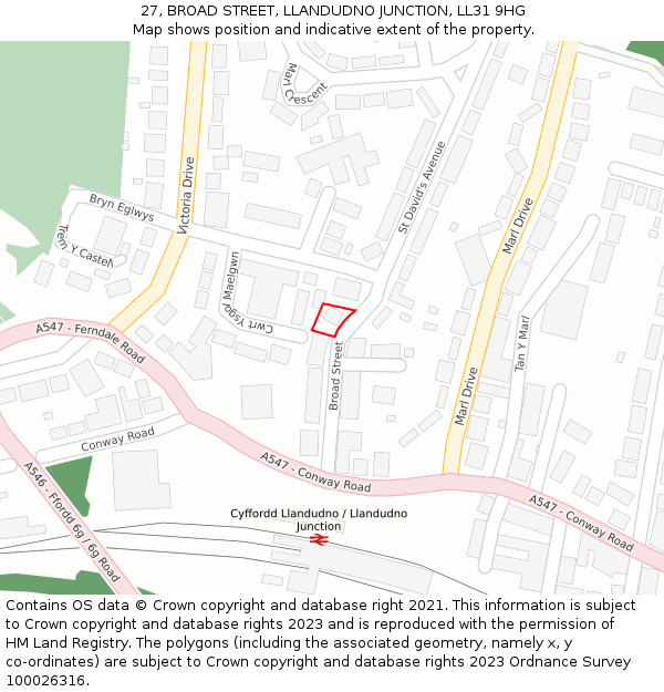 27, BROAD STREET, LLANDUDNO JUNCTION, LL31 9HG: Location map and indicative extent of plot