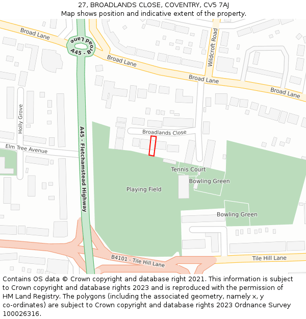 27, BROADLANDS CLOSE, COVENTRY, CV5 7AJ: Location map and indicative extent of plot