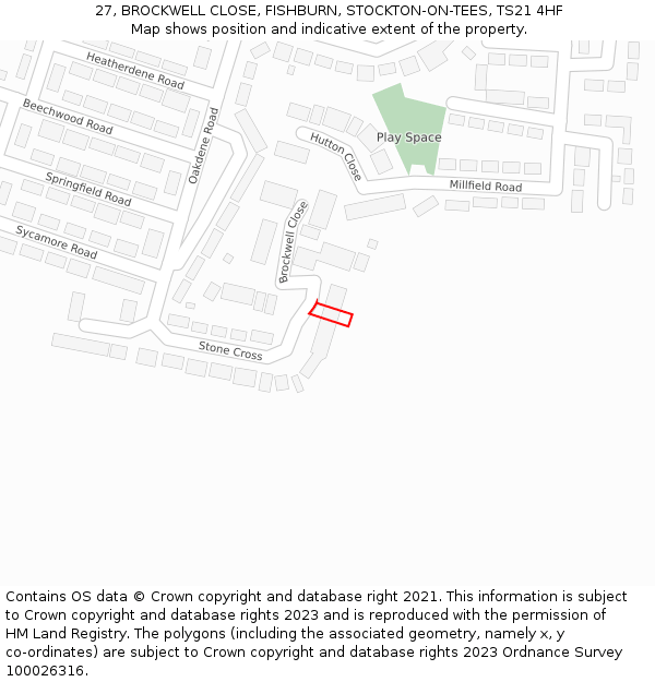 27, BROCKWELL CLOSE, FISHBURN, STOCKTON-ON-TEES, TS21 4HF: Location map and indicative extent of plot