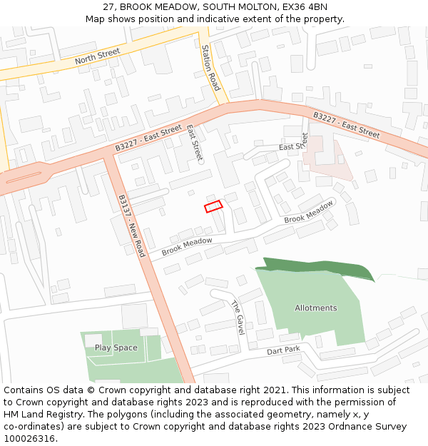 27, BROOK MEADOW, SOUTH MOLTON, EX36 4BN: Location map and indicative extent of plot