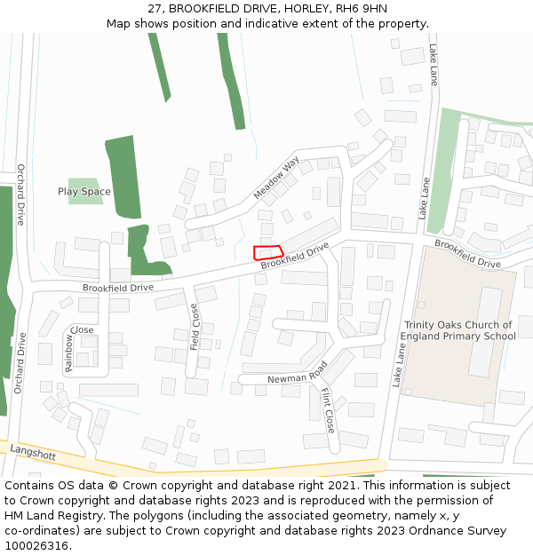 27, BROOKFIELD DRIVE, HORLEY, RH6 9HN: Location map and indicative extent of plot