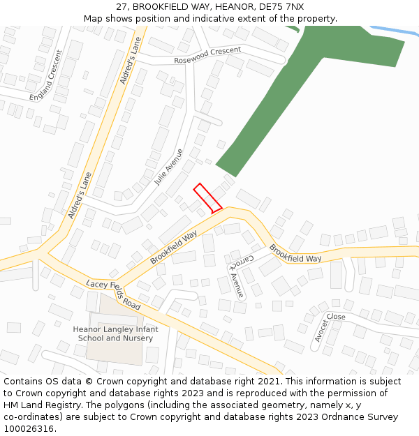 27, BROOKFIELD WAY, HEANOR, DE75 7NX: Location map and indicative extent of plot