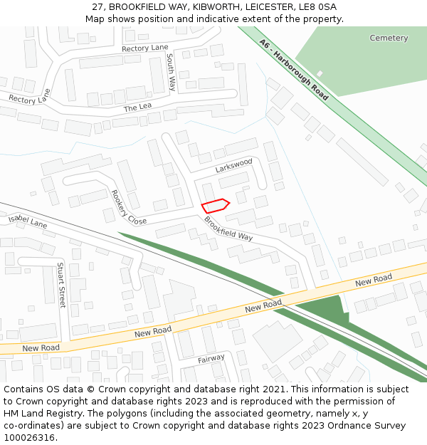 27, BROOKFIELD WAY, KIBWORTH, LEICESTER, LE8 0SA: Location map and indicative extent of plot