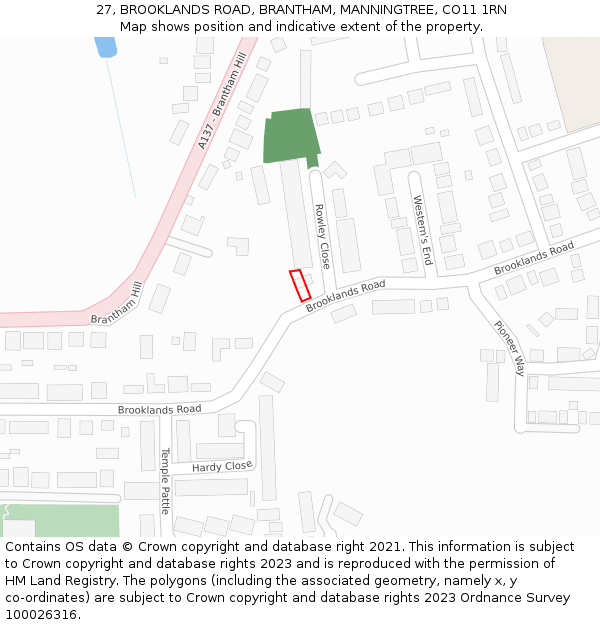 27, BROOKLANDS ROAD, BRANTHAM, MANNINGTREE, CO11 1RN: Location map and indicative extent of plot