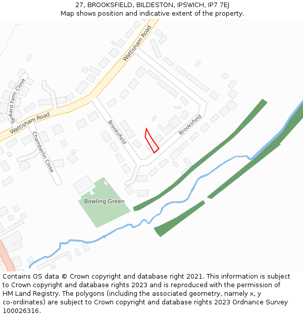 27, BROOKSFIELD, BILDESTON, IPSWICH, IP7 7EJ: Location map and indicative extent of plot