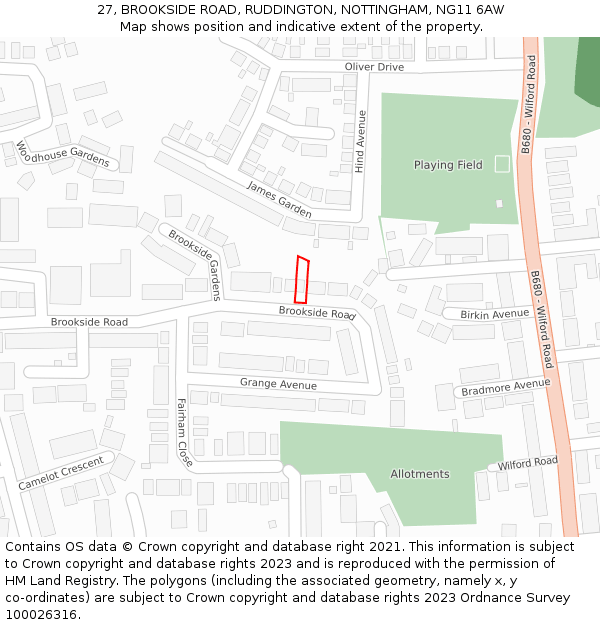 27, BROOKSIDE ROAD, RUDDINGTON, NOTTINGHAM, NG11 6AW: Location map and indicative extent of plot