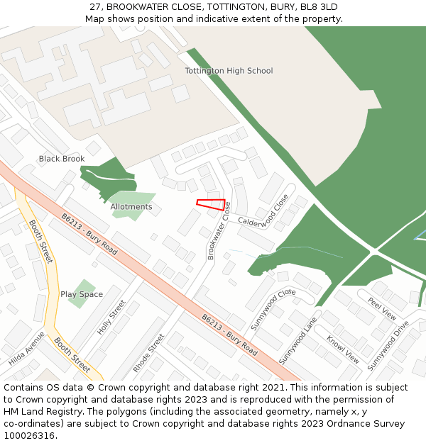 27, BROOKWATER CLOSE, TOTTINGTON, BURY, BL8 3LD: Location map and indicative extent of plot