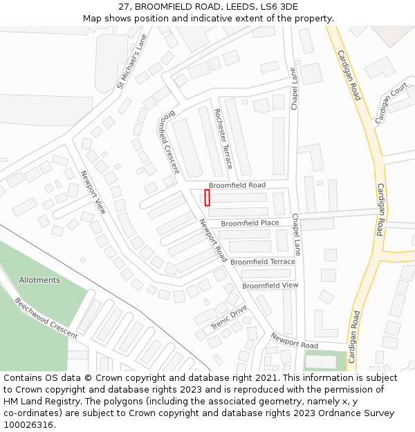 27, BROOMFIELD ROAD, LEEDS, LS6 3DE: Location map and indicative extent of plot