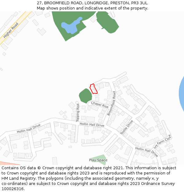 27, BROOMFIELD ROAD, LONGRIDGE, PRESTON, PR3 3UL: Location map and indicative extent of plot