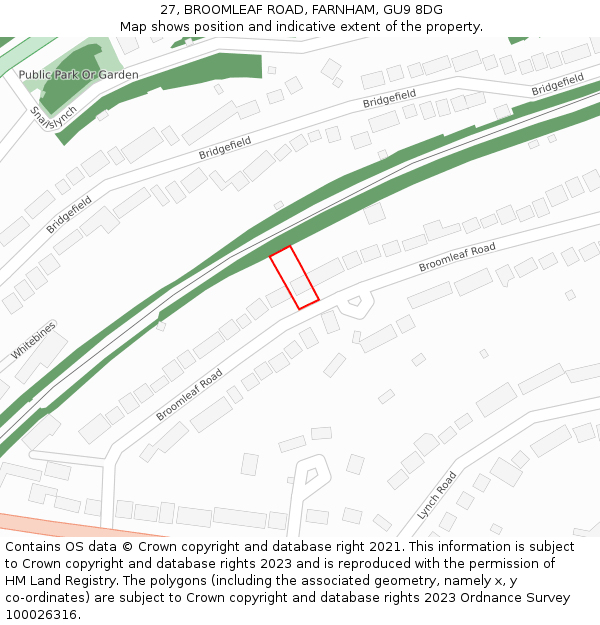 27, BROOMLEAF ROAD, FARNHAM, GU9 8DG: Location map and indicative extent of plot