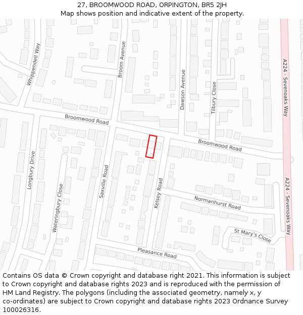 27, BROOMWOOD ROAD, ORPINGTON, BR5 2JH: Location map and indicative extent of plot