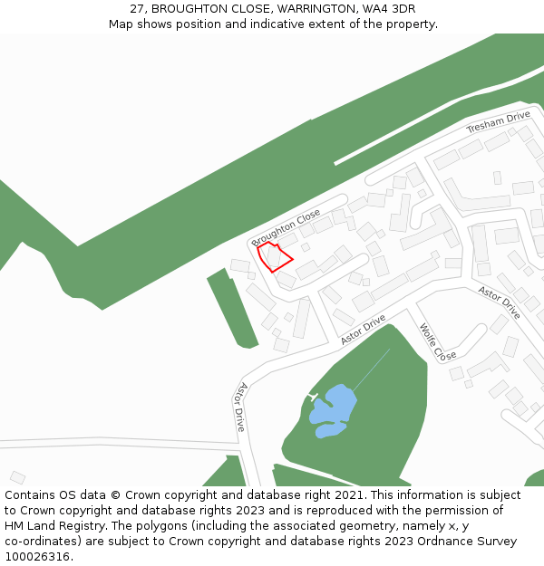 27, BROUGHTON CLOSE, WARRINGTON, WA4 3DR: Location map and indicative extent of plot