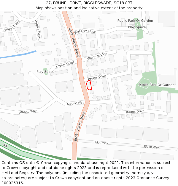 27, BRUNEL DRIVE, BIGGLESWADE, SG18 8BT: Location map and indicative extent of plot