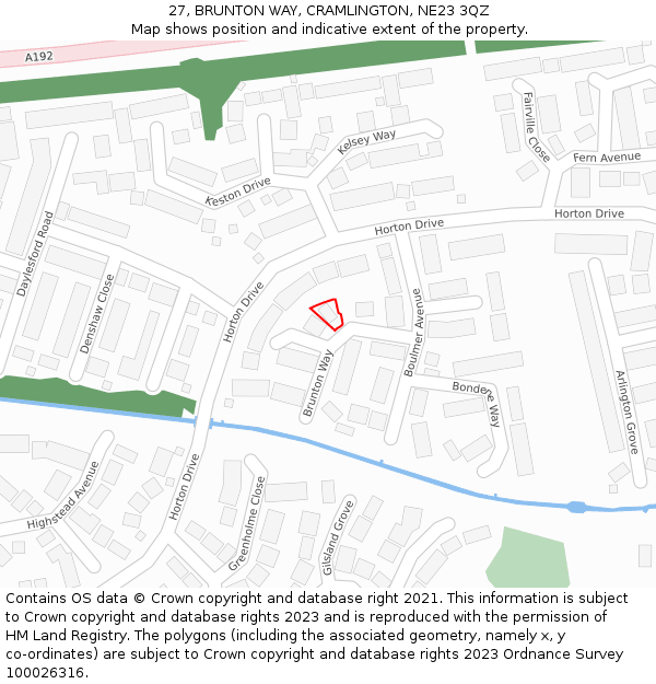 27, BRUNTON WAY, CRAMLINGTON, NE23 3QZ: Location map and indicative extent of plot