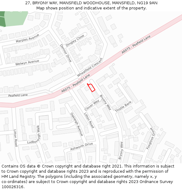 27, BRYONY WAY, MANSFIELD WOODHOUSE, MANSFIELD, NG19 9AN: Location map and indicative extent of plot