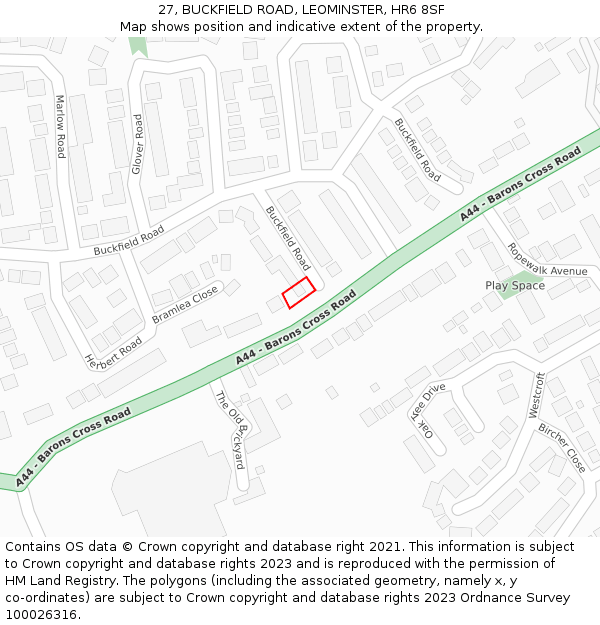 27, BUCKFIELD ROAD, LEOMINSTER, HR6 8SF: Location map and indicative extent of plot