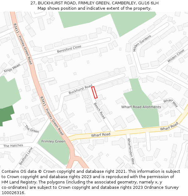 27, BUCKHURST ROAD, FRIMLEY GREEN, CAMBERLEY, GU16 6LH: Location map and indicative extent of plot