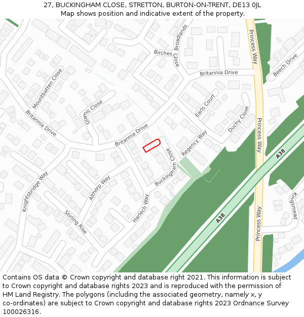 27, BUCKINGHAM CLOSE, STRETTON, BURTON-ON-TRENT, DE13 0JL: Location map and indicative extent of plot