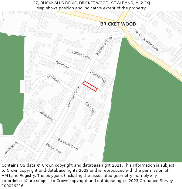 27, BUCKNALLS DRIVE, BRICKET WOOD, ST ALBANS, AL2 3XJ: Location map and indicative extent of plot