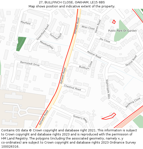 27, BULLFINCH CLOSE, OAKHAM, LE15 6BS: Location map and indicative extent of plot