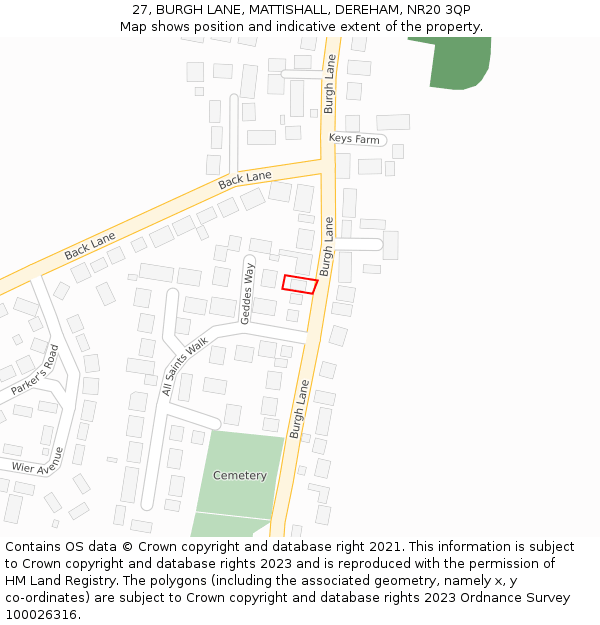 27, BURGH LANE, MATTISHALL, DEREHAM, NR20 3QP: Location map and indicative extent of plot