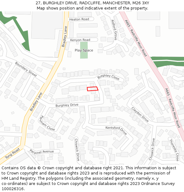 27, BURGHLEY DRIVE, RADCLIFFE, MANCHESTER, M26 3XY: Location map and indicative extent of plot