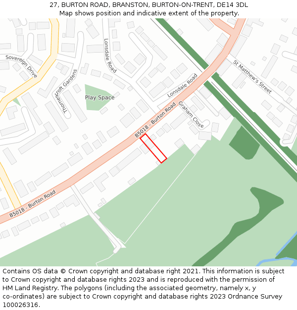 27, BURTON ROAD, BRANSTON, BURTON-ON-TRENT, DE14 3DL: Location map and indicative extent of plot