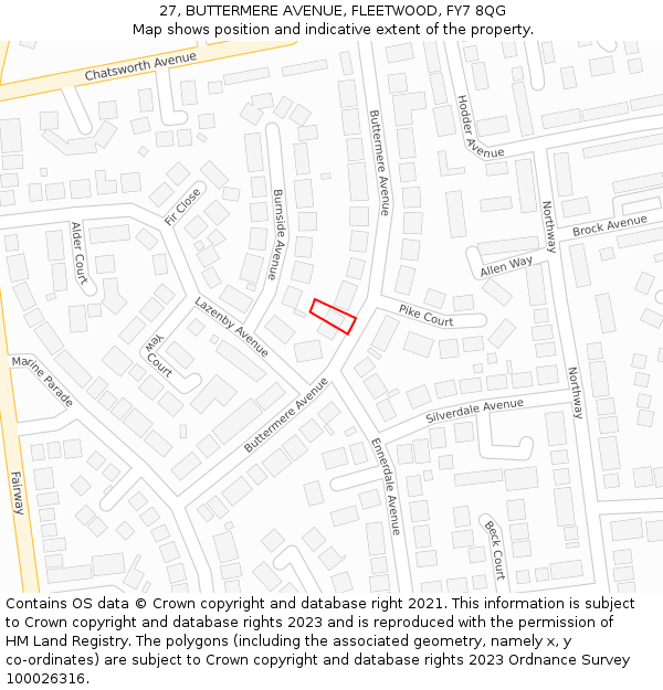 27, BUTTERMERE AVENUE, FLEETWOOD, FY7 8QG: Location map and indicative extent of plot