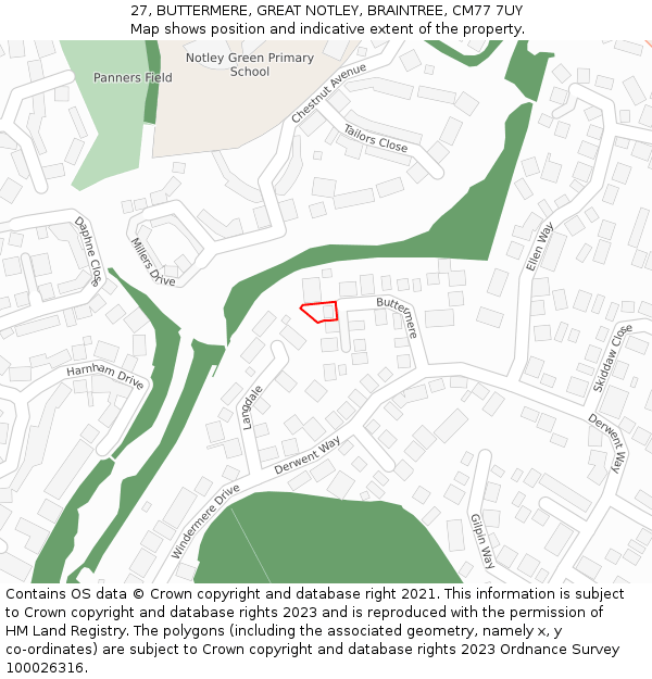 27, BUTTERMERE, GREAT NOTLEY, BRAINTREE, CM77 7UY: Location map and indicative extent of plot