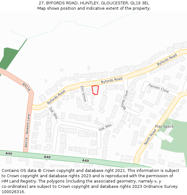 27, BYFORDS ROAD, HUNTLEY, GLOUCESTER, GL19 3EL: Location map and indicative extent of plot
