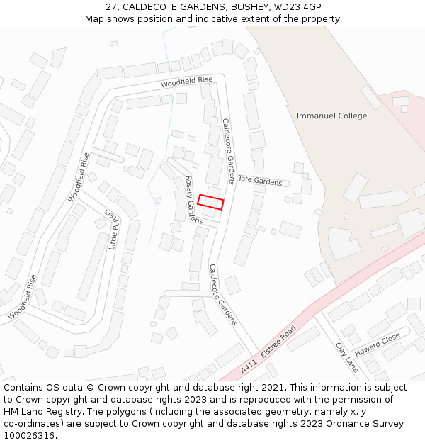 27, CALDECOTE GARDENS, BUSHEY, WD23 4GP: Location map and indicative extent of plot