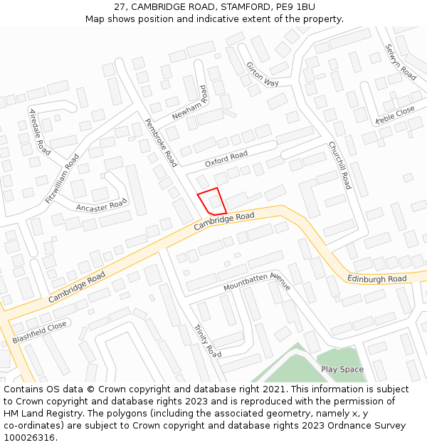 27, CAMBRIDGE ROAD, STAMFORD, PE9 1BU: Location map and indicative extent of plot