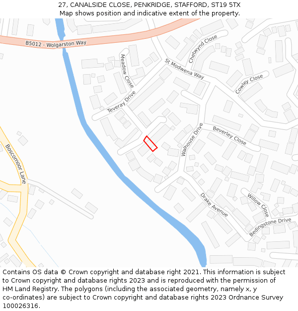 27, CANALSIDE CLOSE, PENKRIDGE, STAFFORD, ST19 5TX: Location map and indicative extent of plot