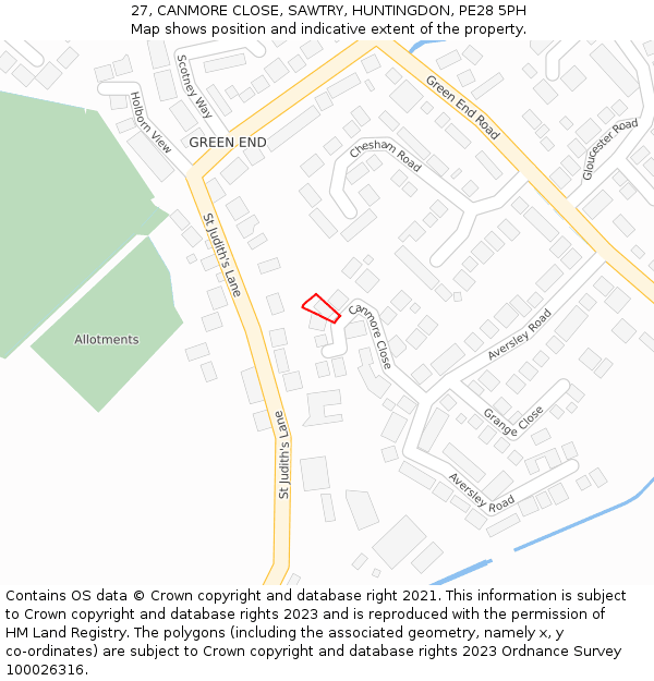 27, CANMORE CLOSE, SAWTRY, HUNTINGDON, PE28 5PH: Location map and indicative extent of plot