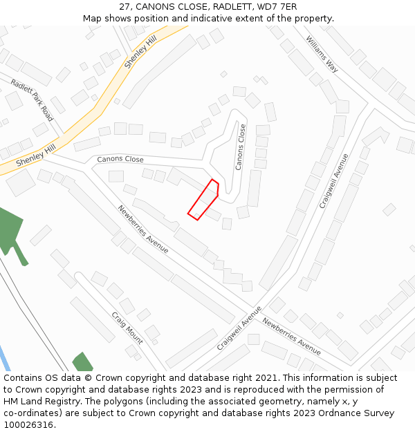 27, CANONS CLOSE, RADLETT, WD7 7ER: Location map and indicative extent of plot