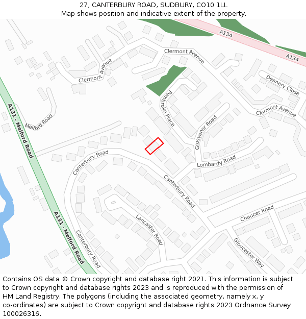 27, CANTERBURY ROAD, SUDBURY, CO10 1LL: Location map and indicative extent of plot