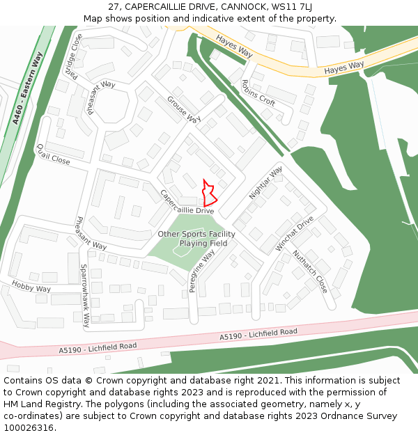 27, CAPERCAILLIE DRIVE, CANNOCK, WS11 7LJ: Location map and indicative extent of plot