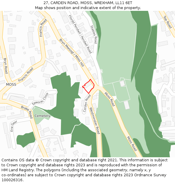 27, CARDEN ROAD, MOSS, WREXHAM, LL11 6ET: Location map and indicative extent of plot