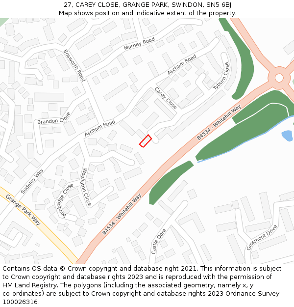 27, CAREY CLOSE, GRANGE PARK, SWINDON, SN5 6BJ: Location map and indicative extent of plot