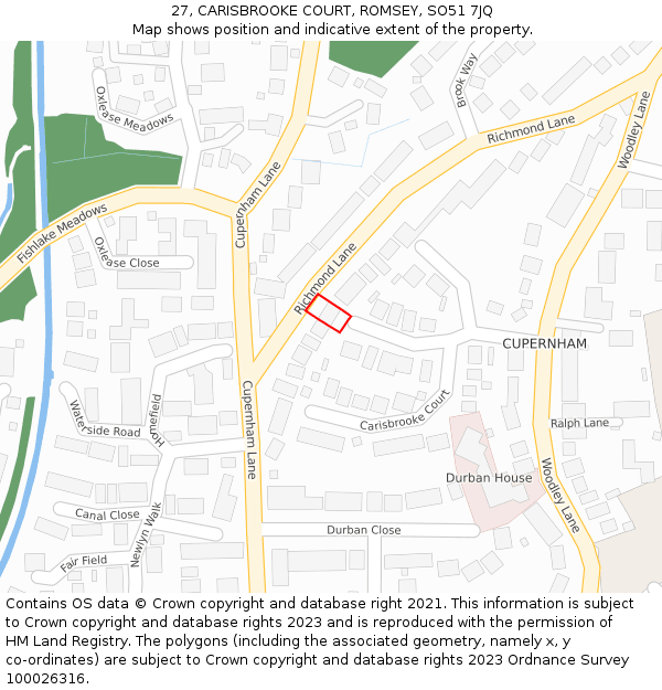 27, CARISBROOKE COURT, ROMSEY, SO51 7JQ: Location map and indicative extent of plot