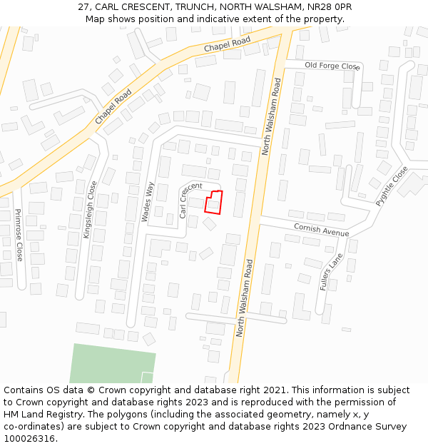 27, CARL CRESCENT, TRUNCH, NORTH WALSHAM, NR28 0PR: Location map and indicative extent of plot