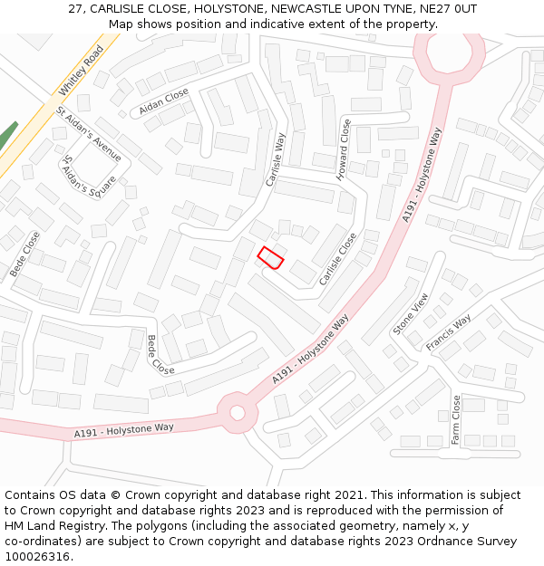 27, CARLISLE CLOSE, HOLYSTONE, NEWCASTLE UPON TYNE, NE27 0UT: Location map and indicative extent of plot